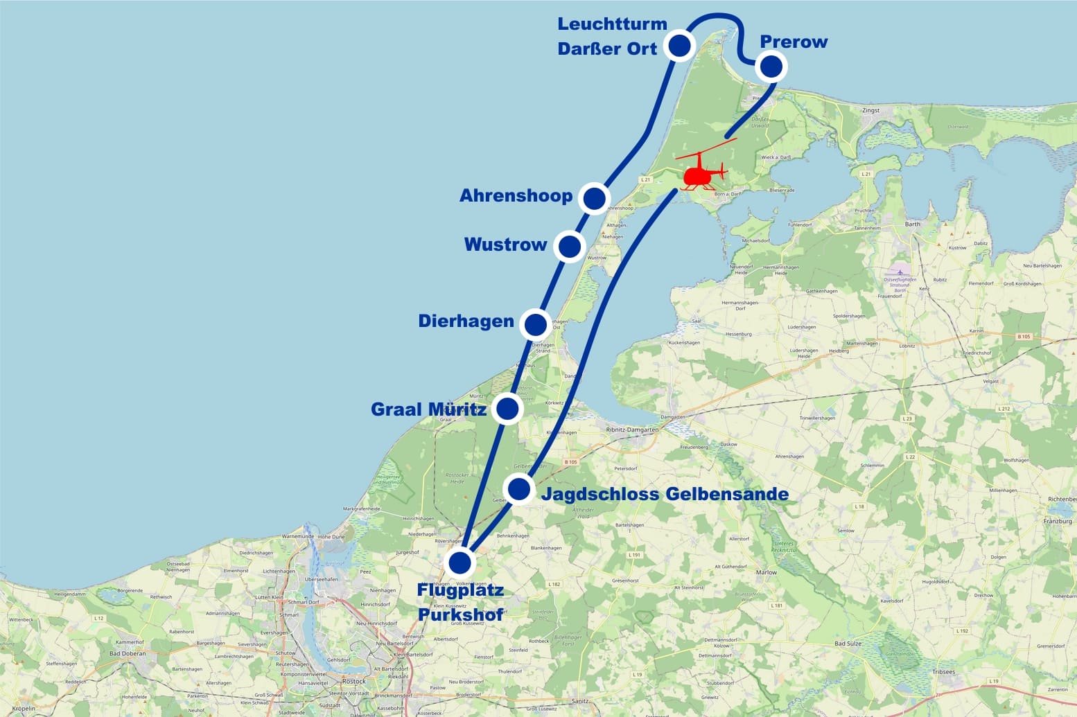 Hubschrauber Rundflug C Fischland Darss Dierhagen Wustrow Ahrenshoop Leuchtturm Darßer Ort Prerow Zingst Ribnitz Damgarten Jagdschloss Gelbensande ab Flugplatz Purkshof