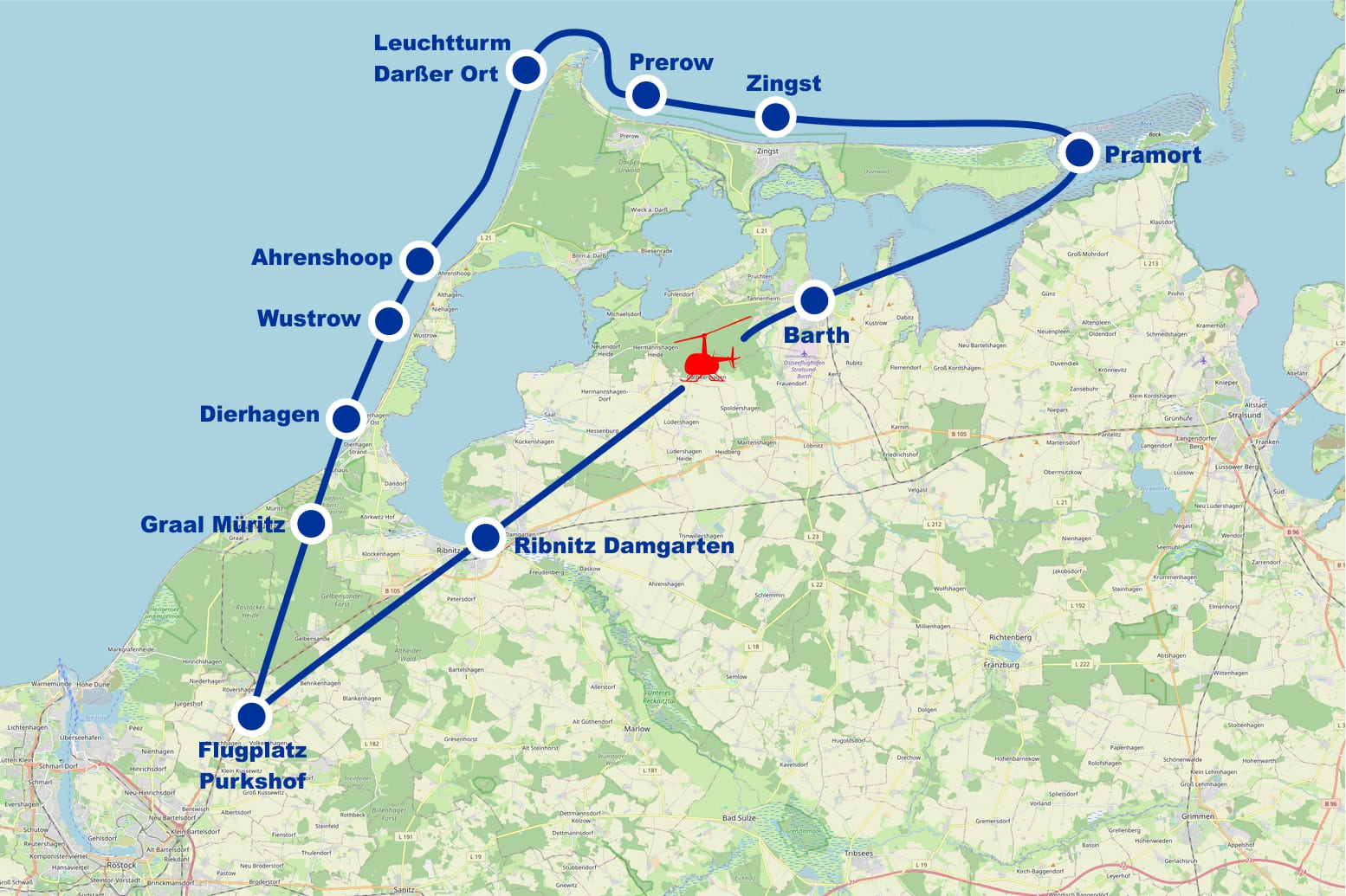 Hubschrauber Rundflug D Graal Müritz Dierhagen Wustrow Ahrenshoop Leuchtturm Darßer Ort Prerow Zingst Pramort Ribnitz Damgarten ab Flugplatz Purkshof