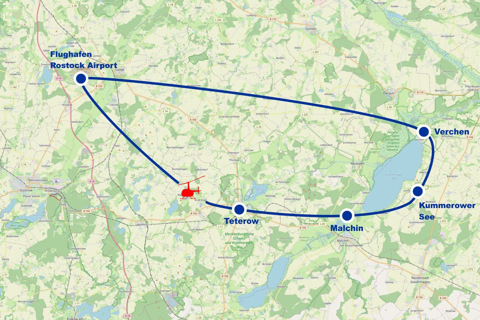 Hubschrauber Rundflug D Teterow Malchin Kummerower See Verchen ab Flughafen Rostock Airport