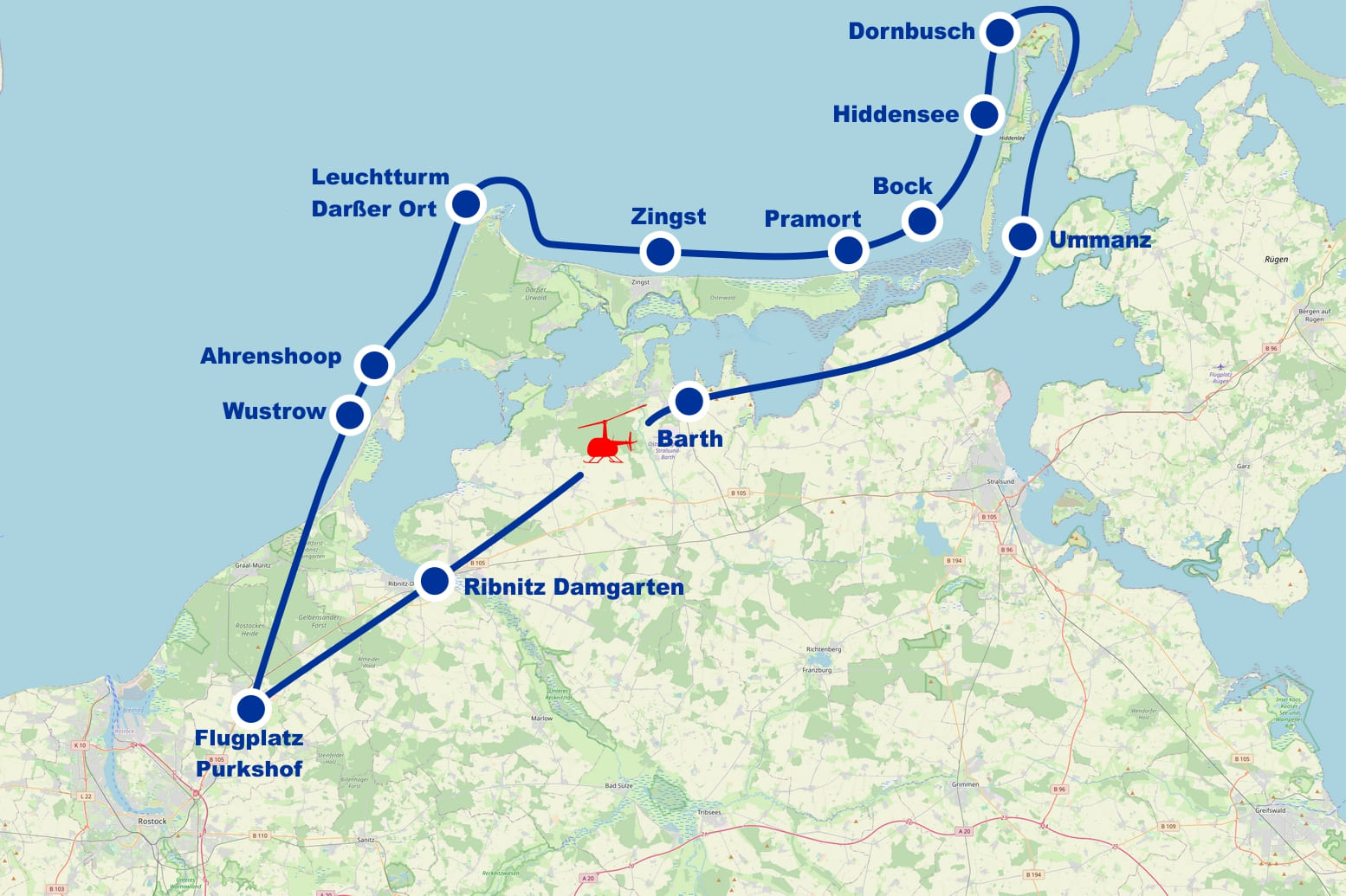 Hubschrauber Rundflug E Fischland Darss Ahrenshoop Leuchtturm Darßer Ort Zingst Pramort Hiddensee Dornbusch Bock Ummanz ab Flugplatz Purkshof