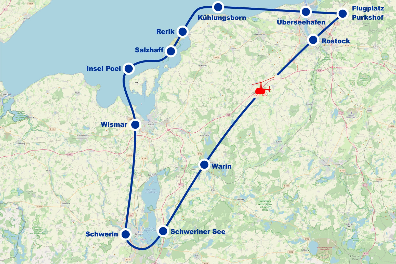 Hubschrauber Rundflug F Rostock Überseehafen Kühlungsborn Rerik Salzhaff Poel Wismar Schwerin Schweriner See Warin ab Flugplatz Purkshof