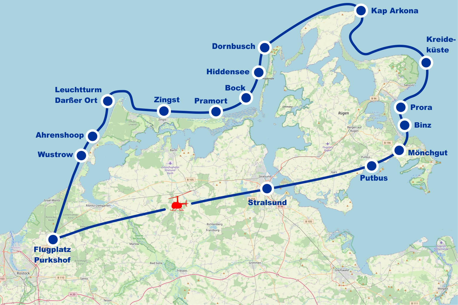 Hubschrauber Rundflug H Fischland Darss Hiddensee Rügen Zingst Leuchtturm Kap Arkona Kreideküste Prora Binz Putbus Stralsund ab Flugplatz Purkshof
