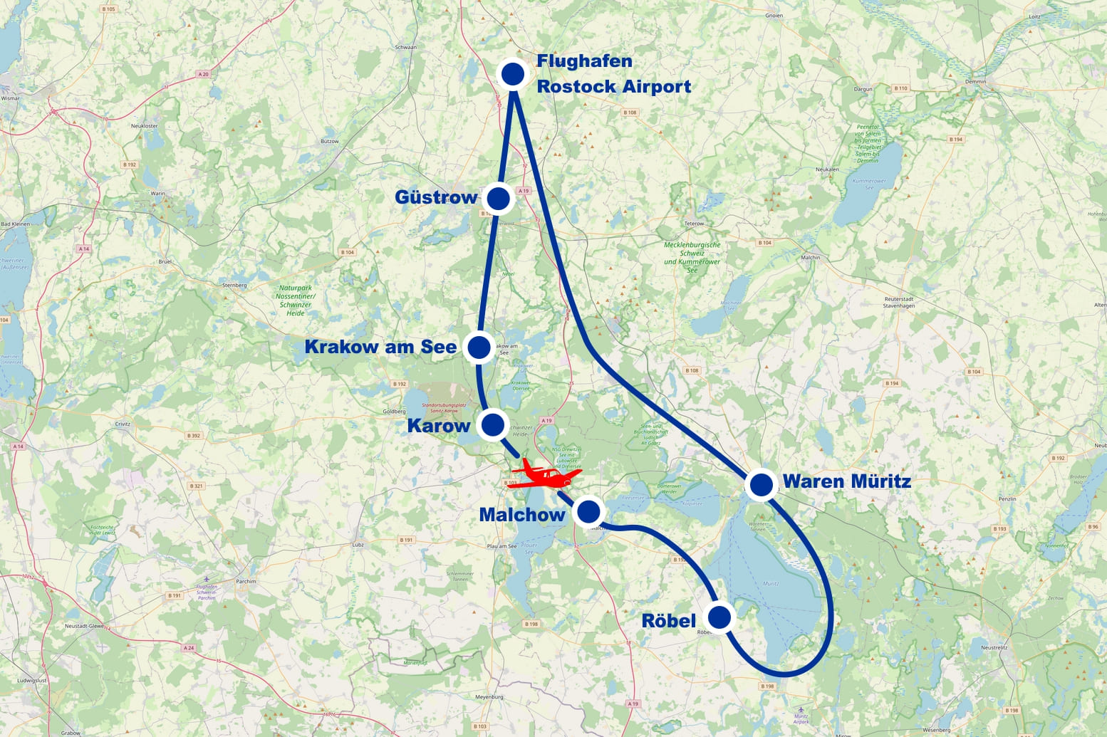 Rundflug 4 Güstrow Krakow am See Karow Malchow Röbel Waren Müritz ab Flughafen Rostock Airport