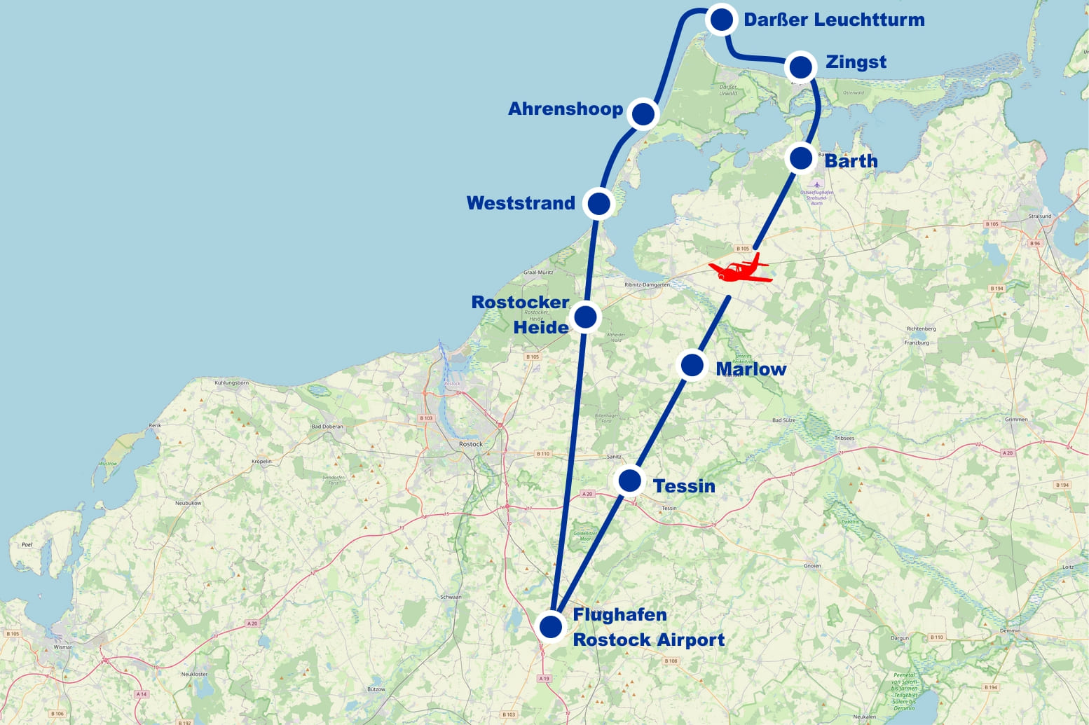 Rundflug 5 Tessin Marlow Rostocker Heide Weststrand Ahrenshoop Darßer Leuchtturm Zingst Barth ab Flughafen Rostock Airport