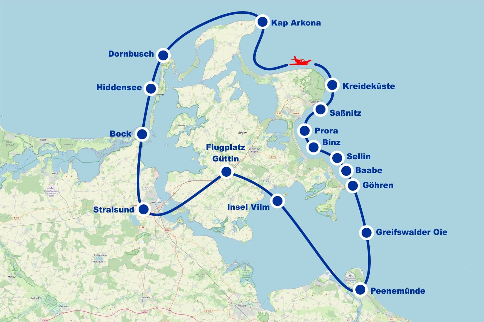 Rundflug 7 Stralsund Hiddensee Bock Kap Arkona Kreideküste Sassnitz Sellin Baabe Göhren Greifswalder Oie Peenemünde Insel Vilm Binz ab Flugplatz Güttin Rügen