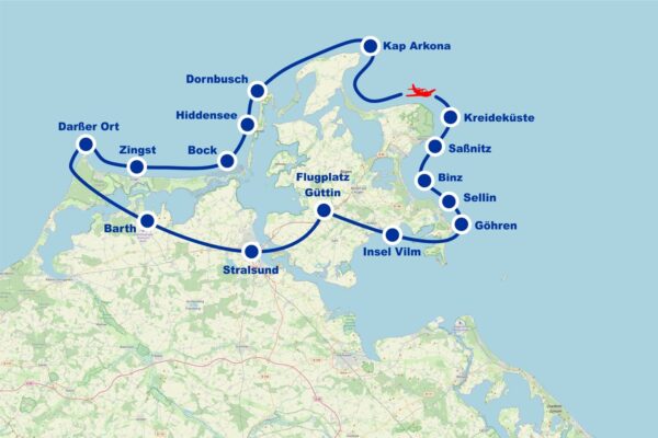 Rundflug 8 Stralsund Darßer Ort Barth Zingst Fischland Hiddensee Kap Arkona Kreideküste Sassnitz Sellin Göhren Greifswalder Insel Vilm Binz ab Flugplatz Güttin Rügen