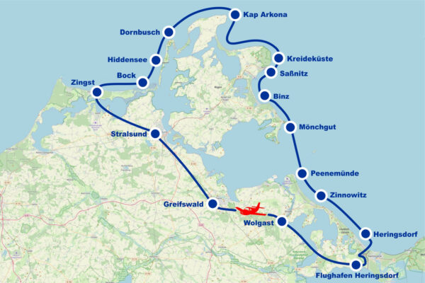 Rundflug E Hiddensee Stralsund Greifswald Rügen Putbus Kreideküste Saßnitz Binz Mönchgut Peenemünde ab Flughafen Heringsdorf Usedom