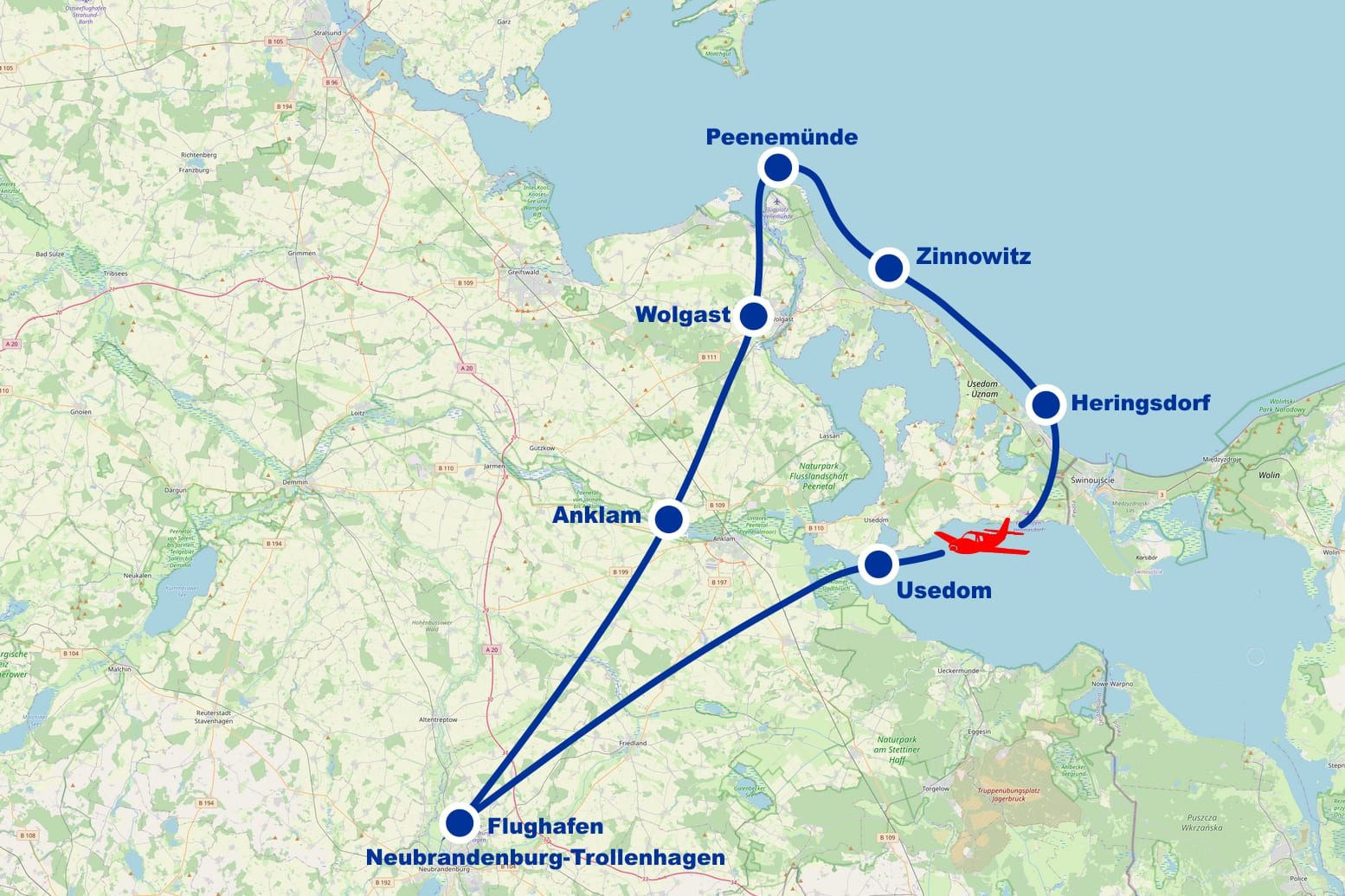 Rundflug F Anklam Usedom Wolgast Peenemünde Zinnowitz Herimgsdorf ab Flughafen Neubrandenburg Trollenhagen