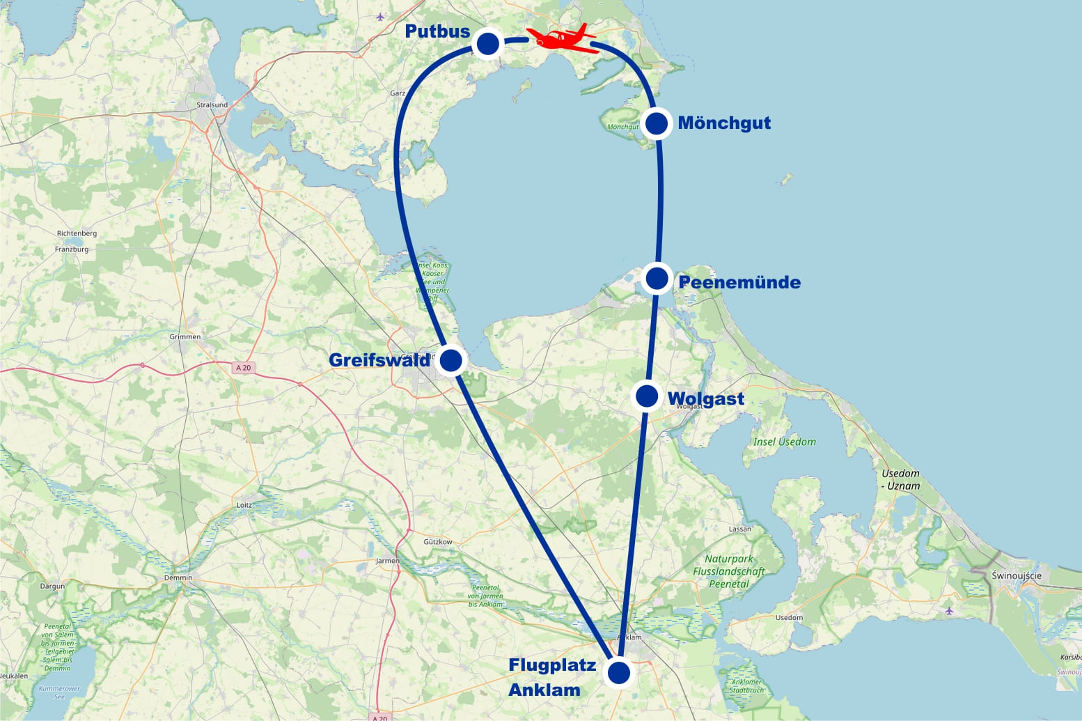 Rundflug F Greifswalder Bodden Puttbus Greifswald Oie Mönchgut Peenemünde Wolgast ab Flugplatz Anklam