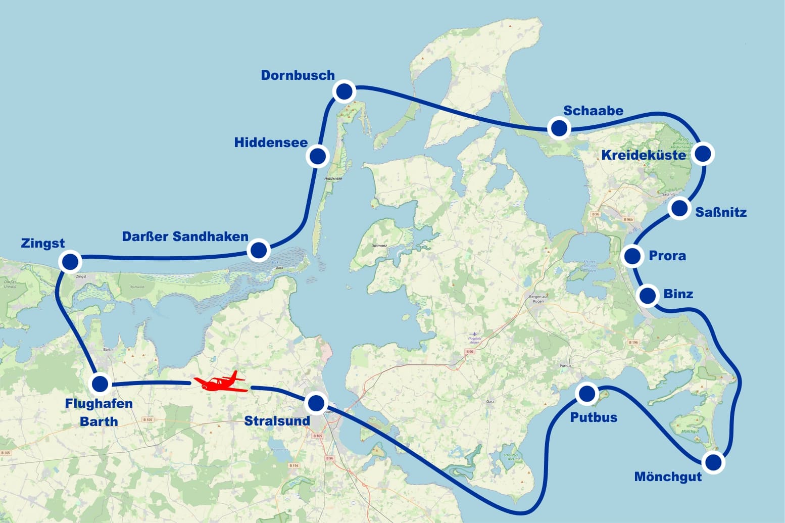 Rundflug F Zingst Darßer Haken Hiddensee Rügen Kreideküste Saßnitz Binz Prora Stralsund Mönchgut Putbus ab Flughafen Barth