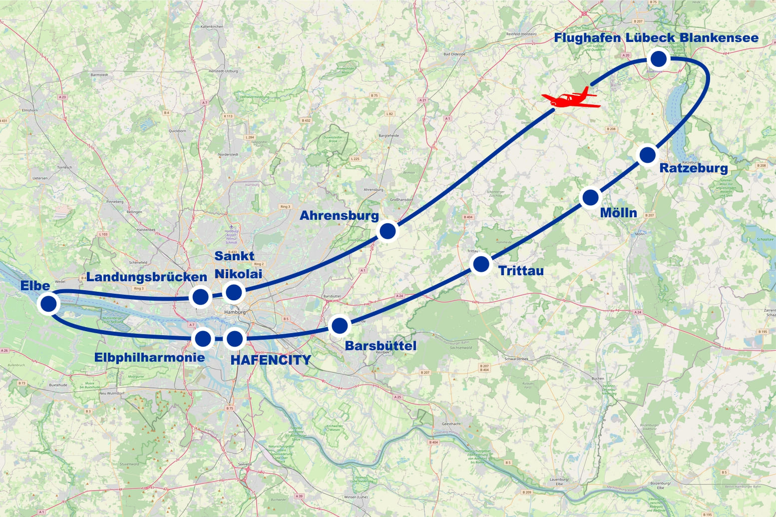 Rundflug G Elbe Hamburg Hafencity Landungsbrücken Sank Nikolai Elbphilharmonie Barsbütel Ahrensburg Trittau Mölln Ratzeburg ab Flughafen Lübeck