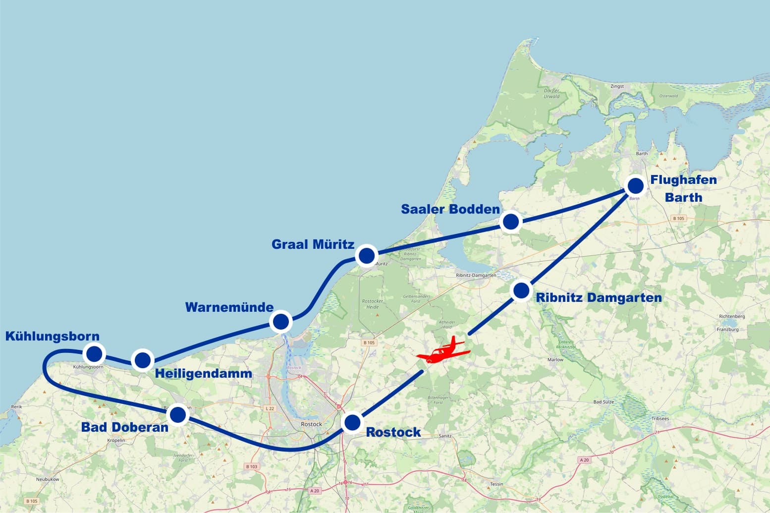 Rundflug K Ribnitz Damgarten Rostock Bad Doberan Kühlungsborn Heiligendamm Warnemünde Graal Müritz ab Flughafen Barth